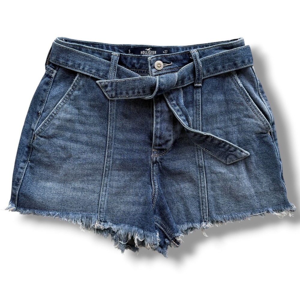 Hollister 5 W27 Med Wash Denim Ultra High Rise Mom Shorts Button Fly Tie Belt 3"